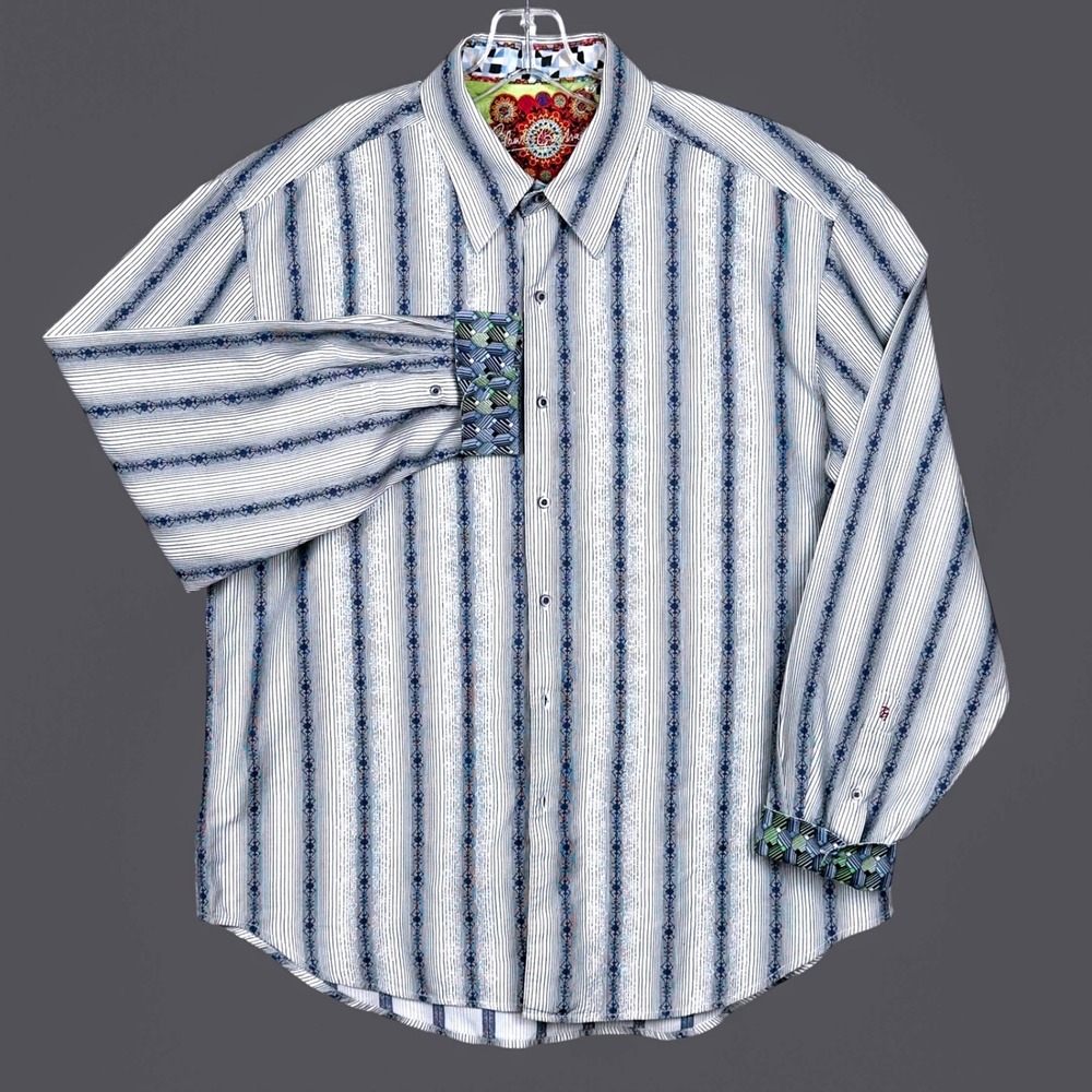 Robert Graham Mens 2XL White Blue Striped Embroidered Long Sleeve Button Down